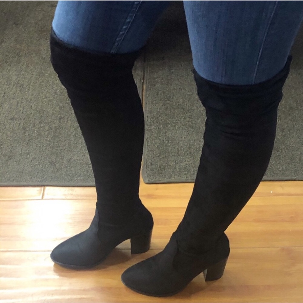Black Over The Knee Boots, Chunky Heel - Picture 3 of 7